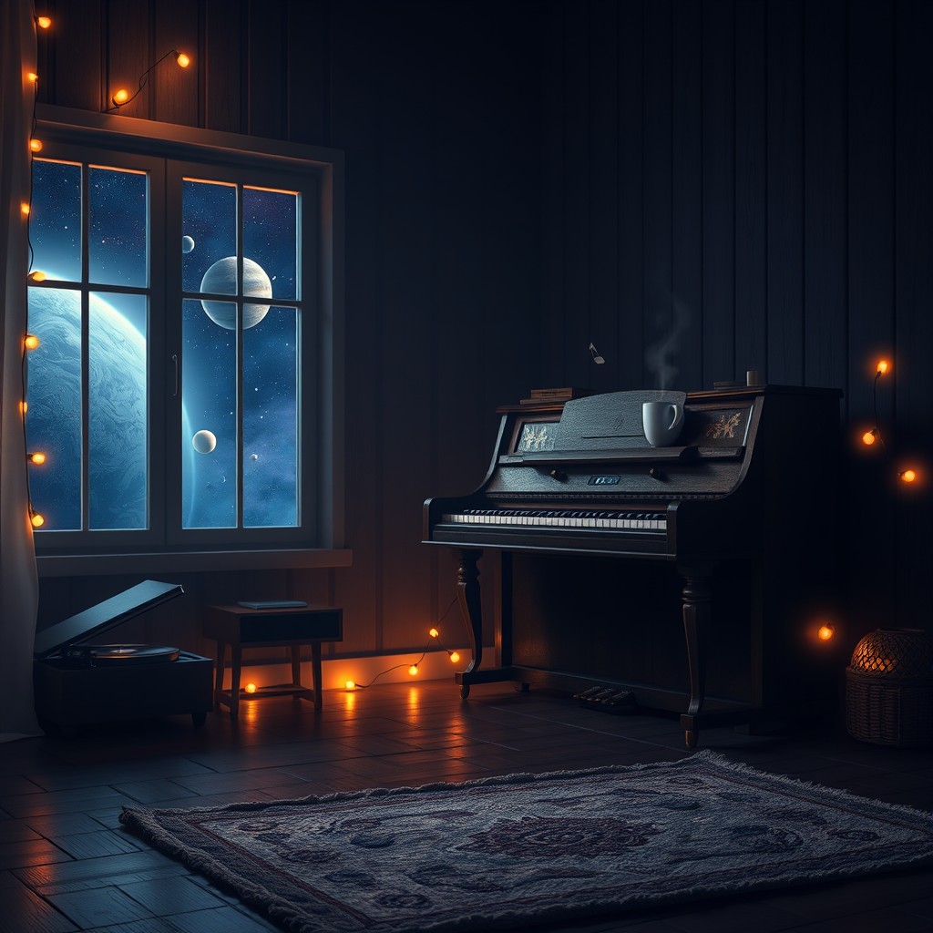 A serene and tranquil scene depicting a cozy, dimly-lit room with a vintage piano