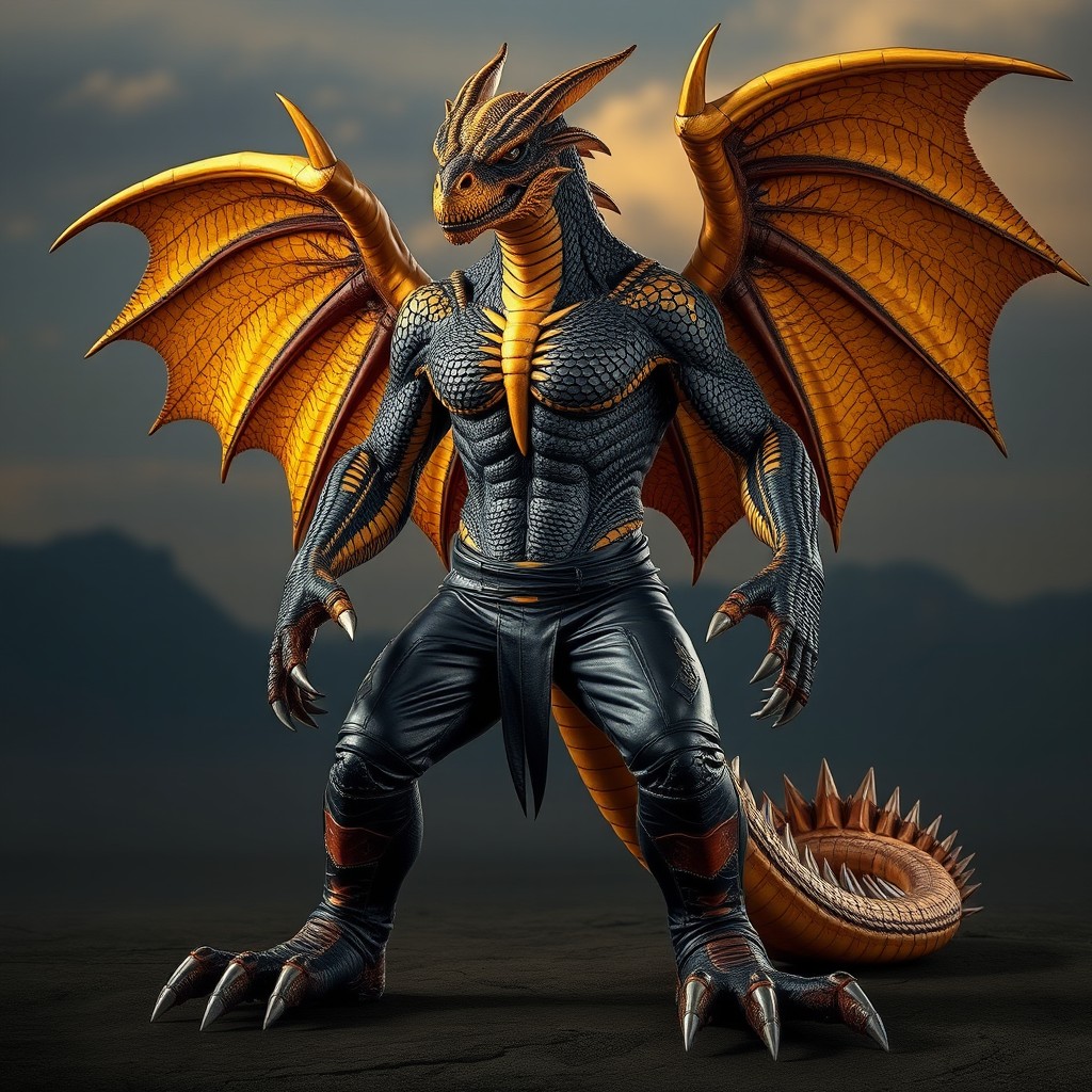 A humanoid dragon creature with the head resembling a Gila monster, featuring distinct broad shoulders and a muscular physique