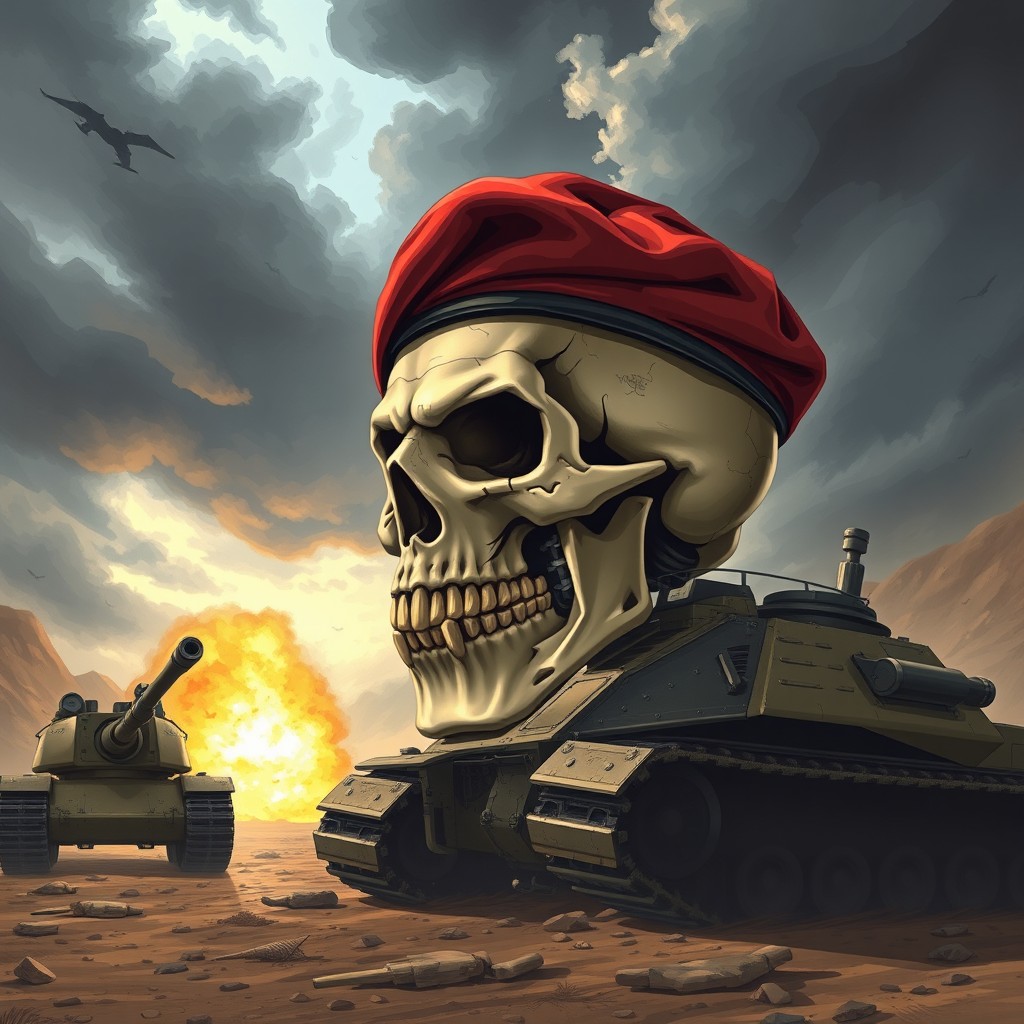 A wide-format illustration featuring a detailed skull wearing an artillery beret, accompanied by an M109 Paladin artillery vehicle