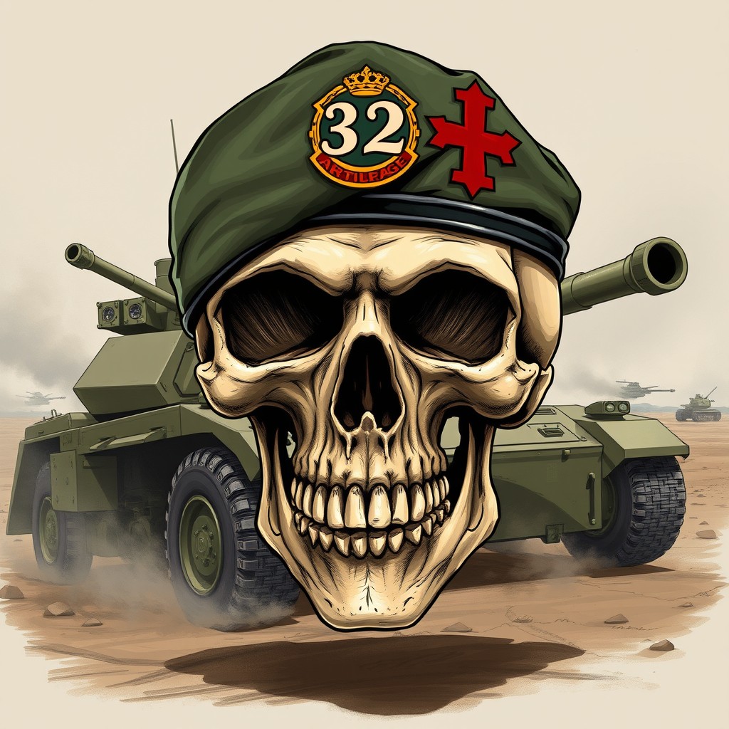 An artistic illustration of a skull wearing a military beret adorned with the insignia of the 32nd Brigade artillery unit