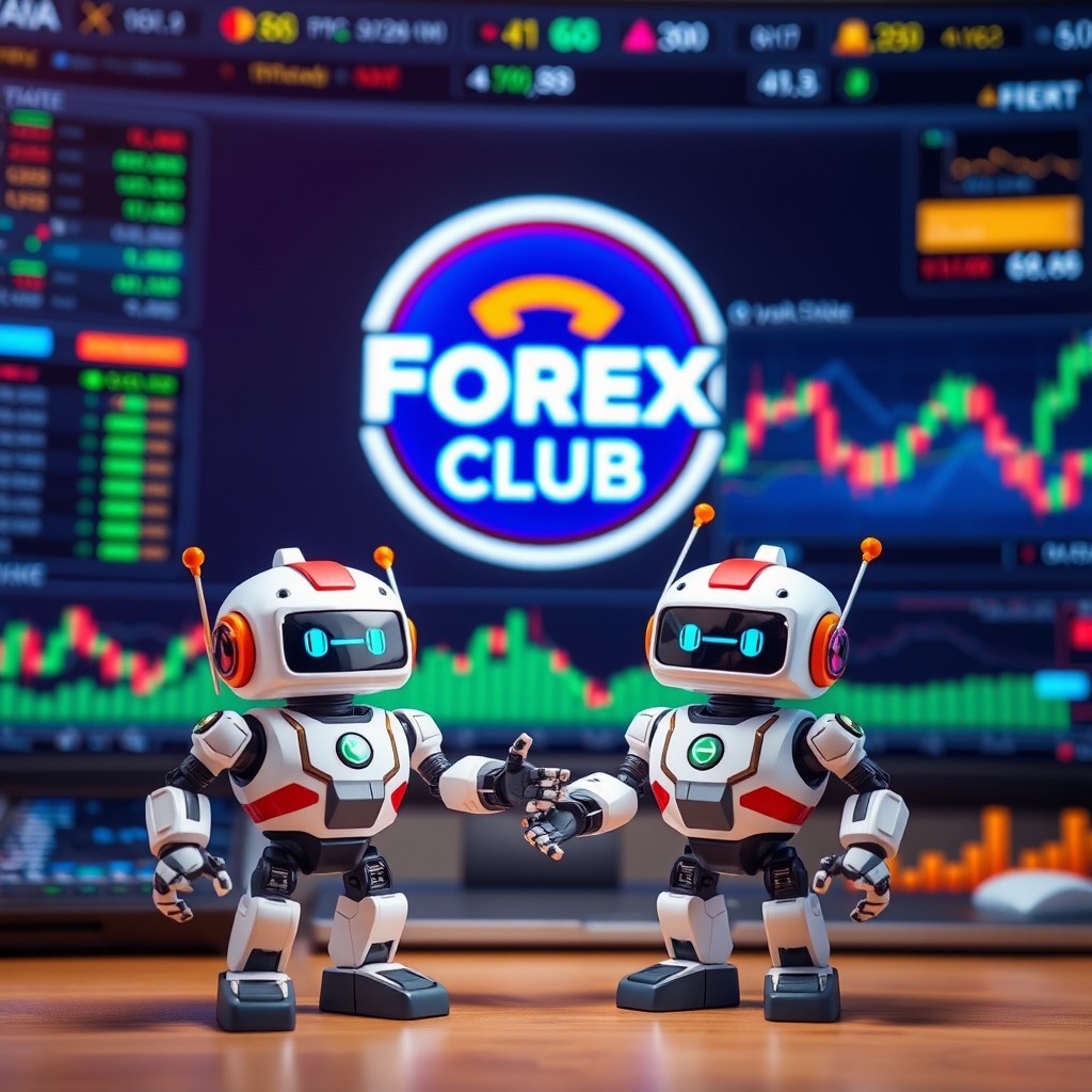 A vibrant and dynamic Forex trading scene featuring a large Forex club application logo prominently in the background