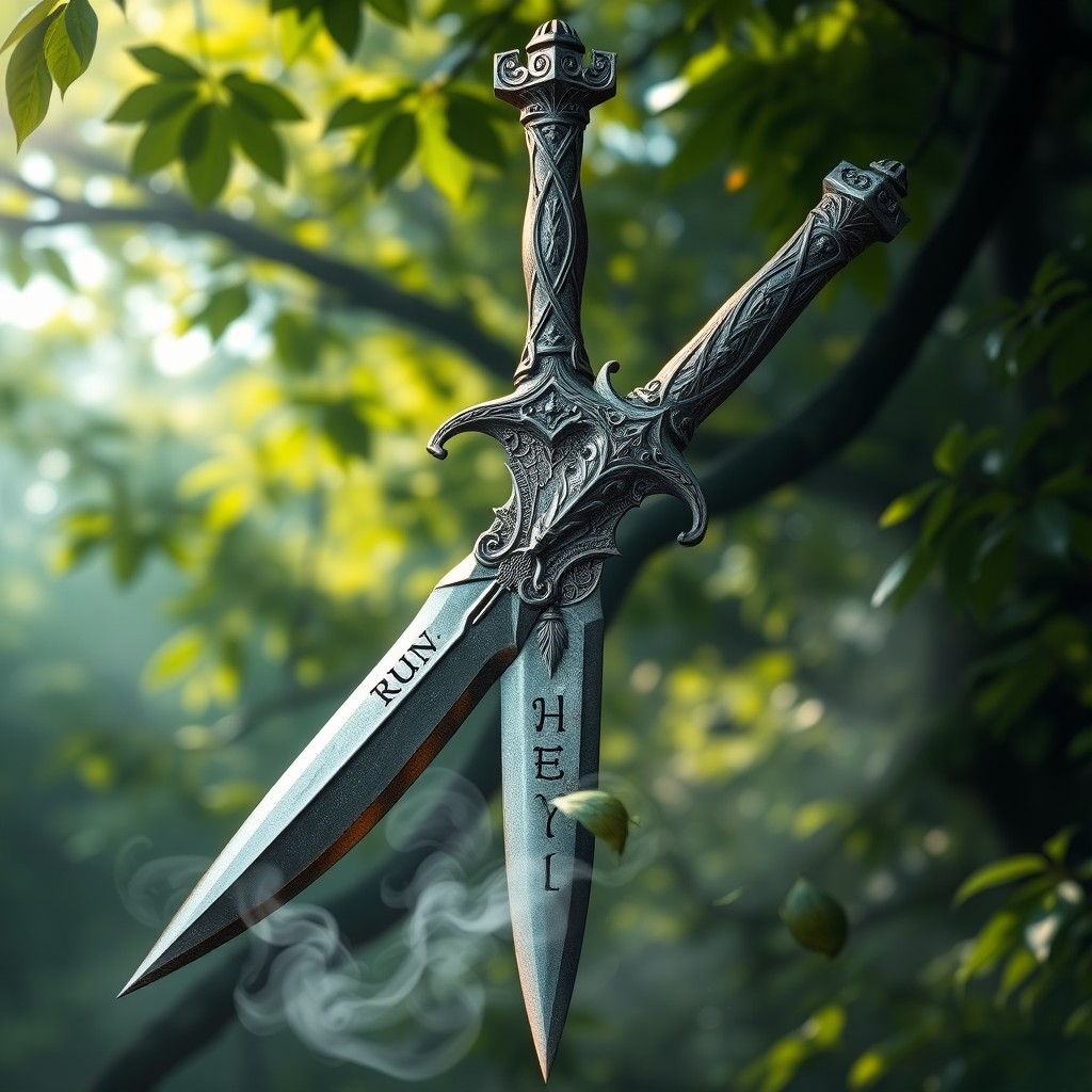 An intricately designed fantasy dagger with an ornately carved hilt, featuring ancient runes that glow faintly