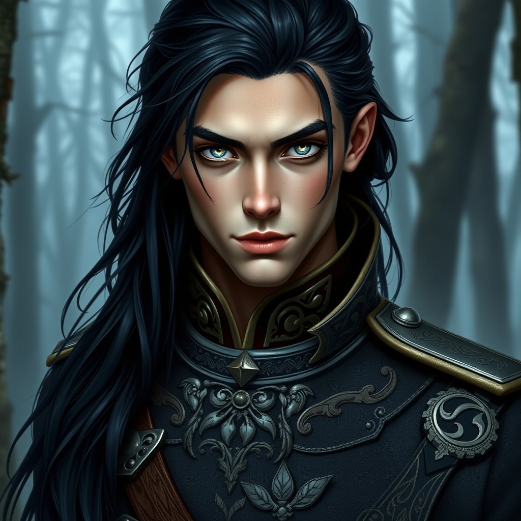 A young man in a detailed Jäger uniform, featuring intricate designs and a strong silhouette