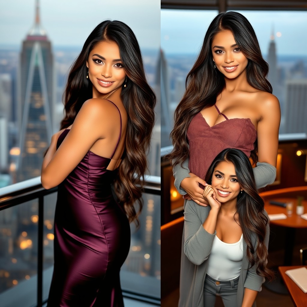 A stunningly beautiful woman with long flowing hair, depicted in multiple poses
