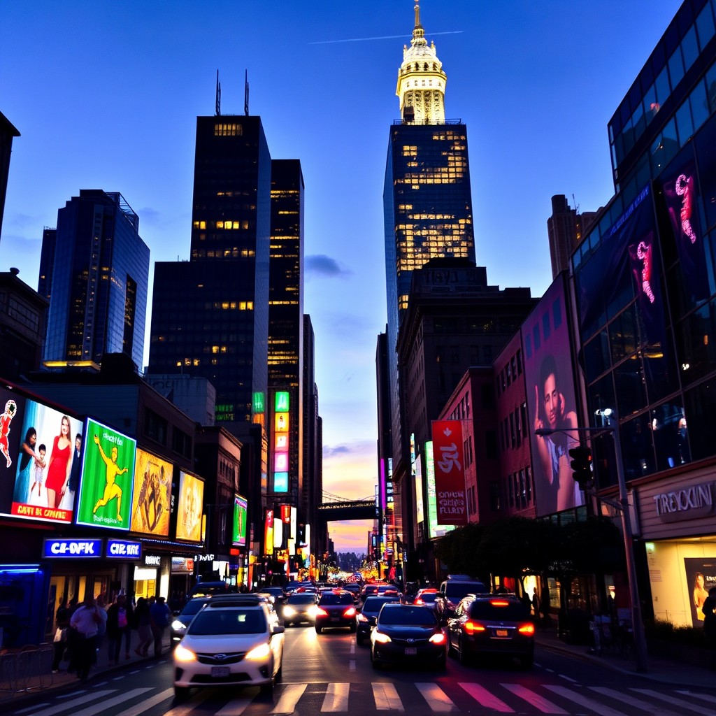 A vibrant cityscape at twilight, showcasing the dazzling city lights reflecting off modern skyscrapers