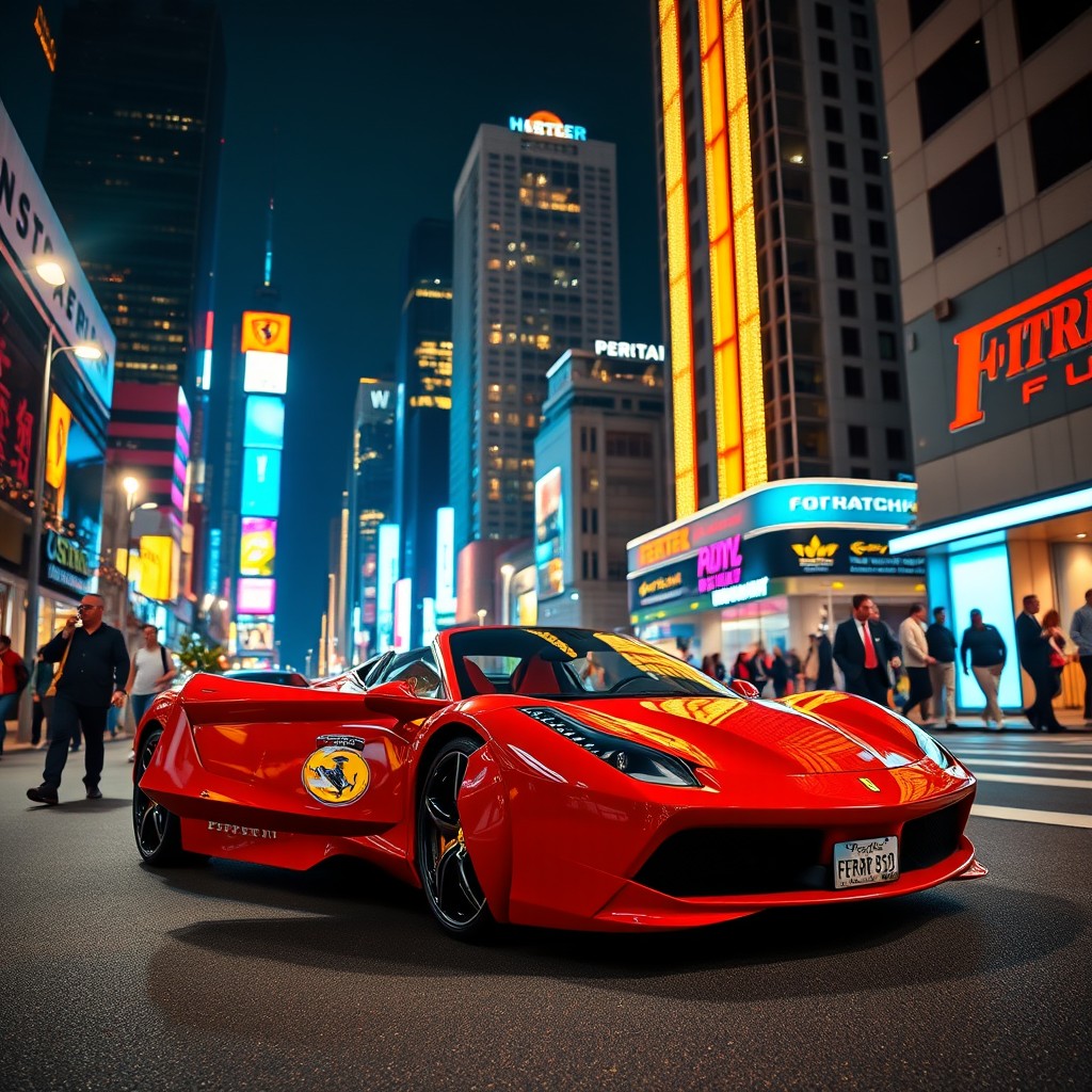 A stunning night scene of a bustling city illuminated by vibrant city lights, featuring a luxurious Ferrari parked prominently on the street