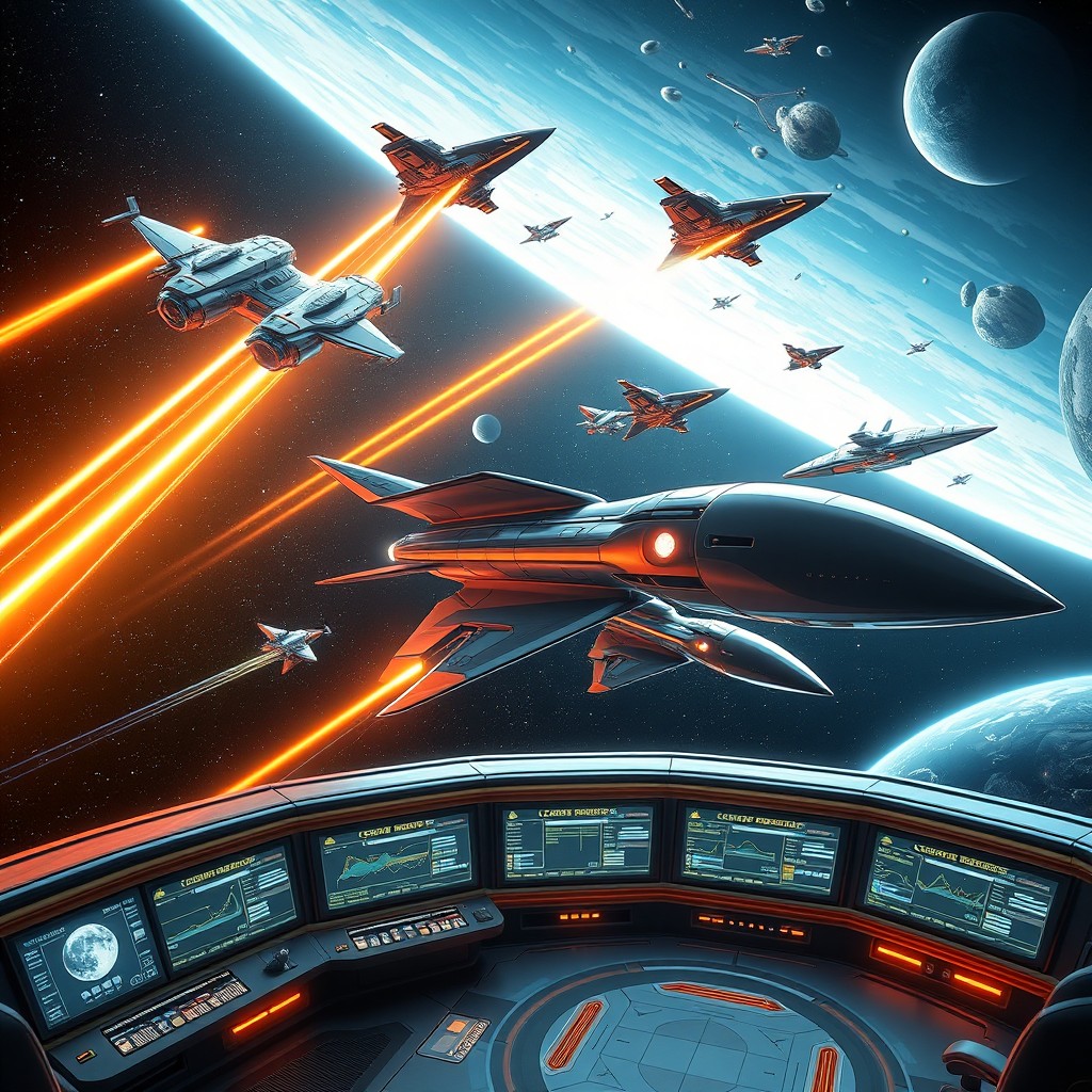 A highly advanced and futuristic space missile defense system, featuring sleek, aerodynamic designs of spacecraft equipped with cutting-edge technologies