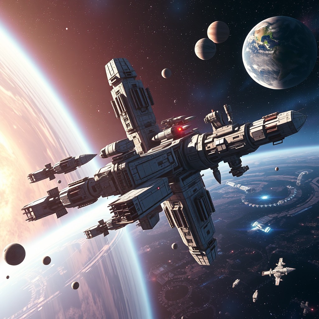 An ultra-realistic and massive space missile defense system, showcasing colossal spacecraft and structures positioned in a strategic formation in space