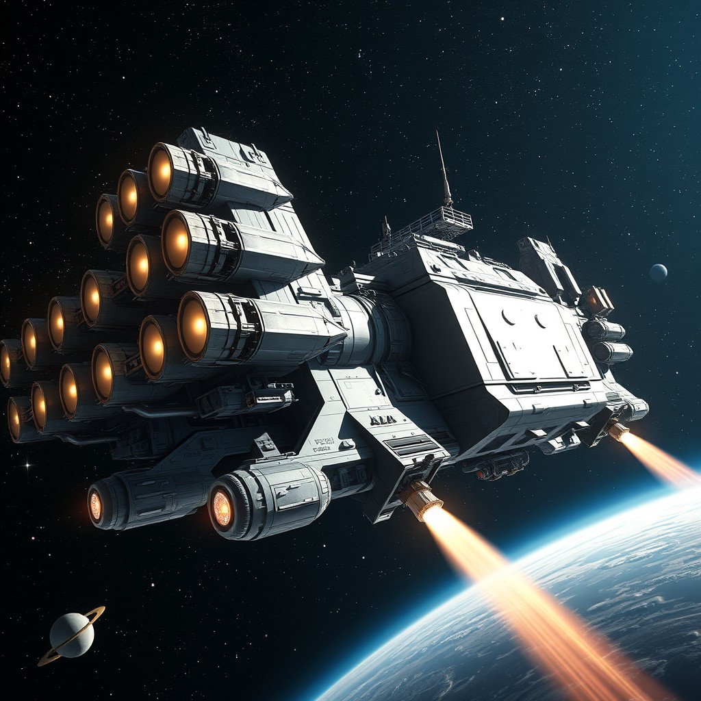 A highly detailed and realistic design of an advanced space missile defense system, showcasing its enormous size and complex structure