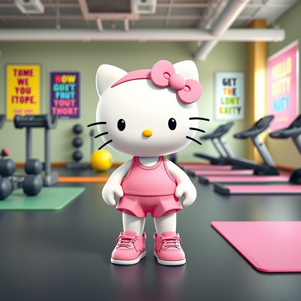 A whimsical interpretation of Hello Kitty in a gym setting