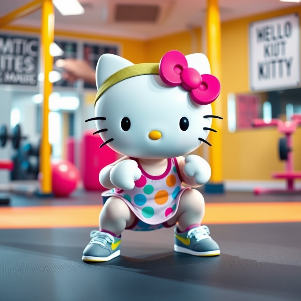 Hello Kitty performing squats in a bright, cheerful gym setting