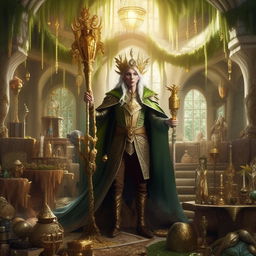 An elf character in luxurious clothing, holding a golden scepter, surrounded by treasures and magical artifacts in an extravagant woodland mansion.