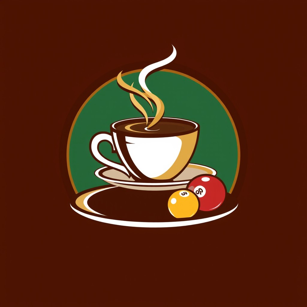 A logo design for a café featuring a stylish coffee cup with steam rising from it, integrated creatively with a billiard table and billiard balls