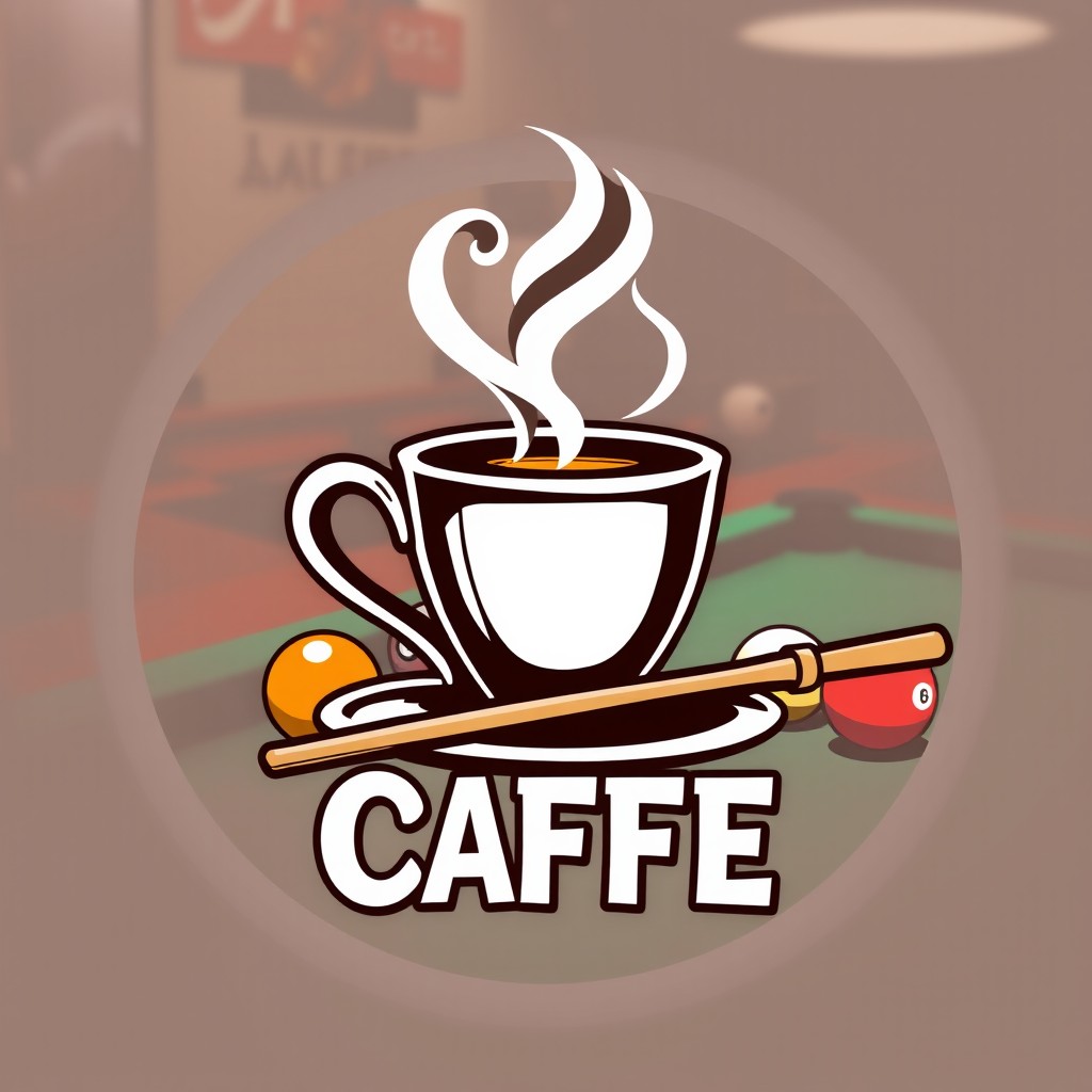 A café logo that captures the essence of a billiard environment, prominently featuring a coffee cup with steam and elements of billiards