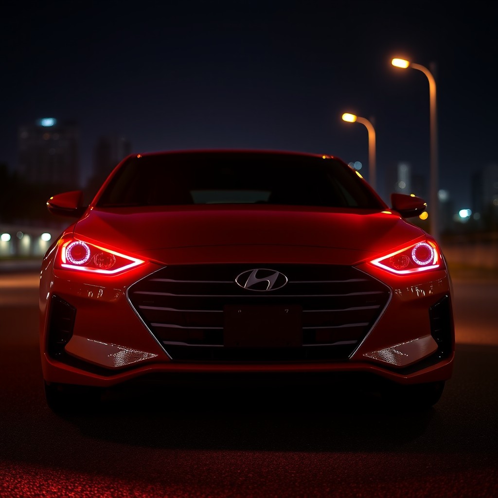 A Hyundai Elantra with striking red LED lights, parked under a night sky
