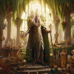 An elf character in luxurious clothing, holding a golden scepter, surrounded by treasures and magical artifacts in an extravagant woodland mansion.