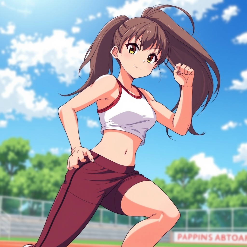 A dynamic and energetic anime girl athlete, wearing stylish short athletic pants and a sporty crop top