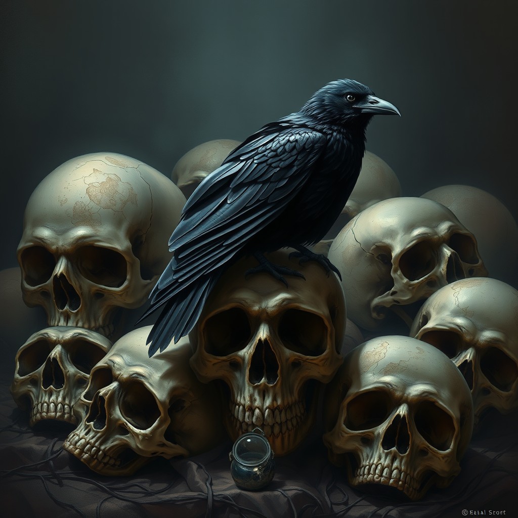A highly detailed and realistic illustration of human skulls artistically arranged, showcasing intricate textures and shadows that emphasize a dark and moody atmosphere