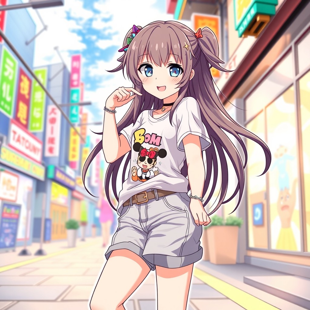 A stylish anime girl wearing trendy short pants and a casual graphic t-shirt
