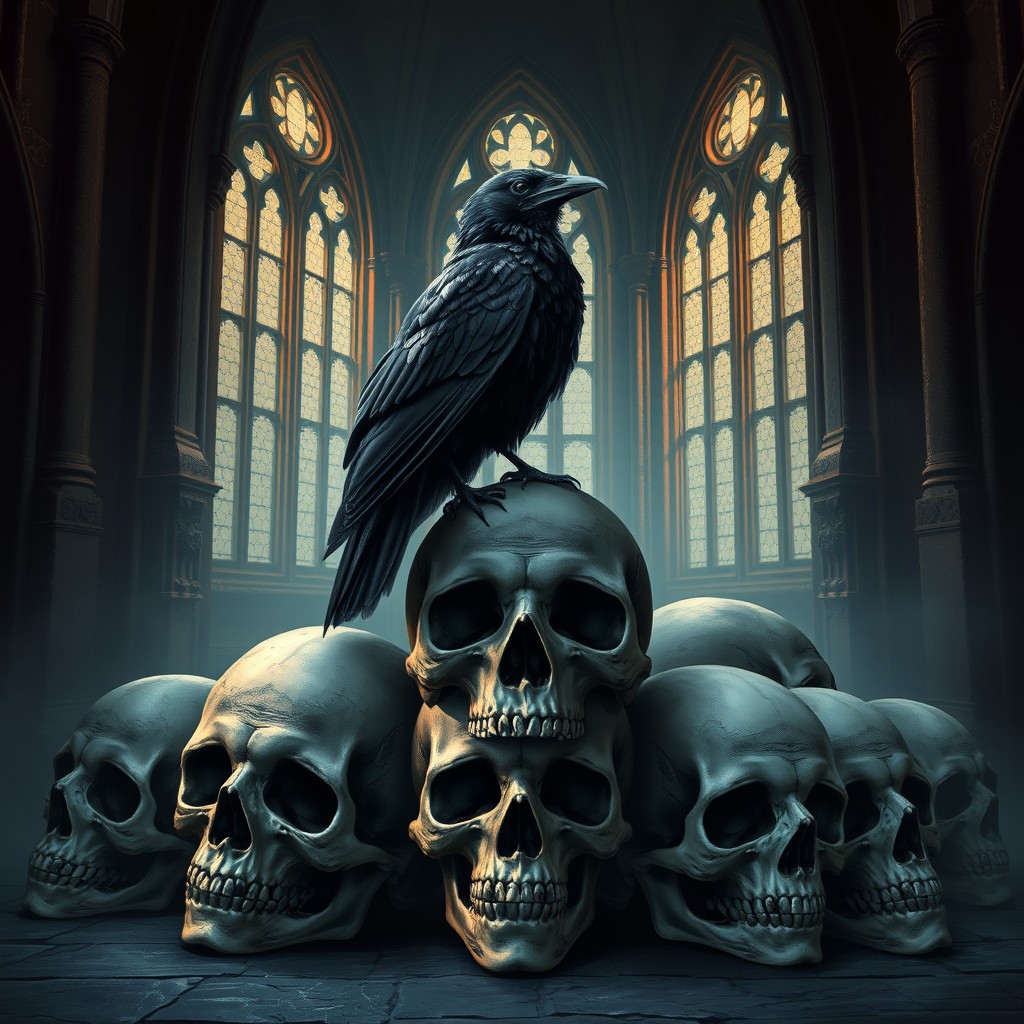 A highly detailed and realistic illustration of human skulls artistically arranged in a gothic setting within a dark, ancient church