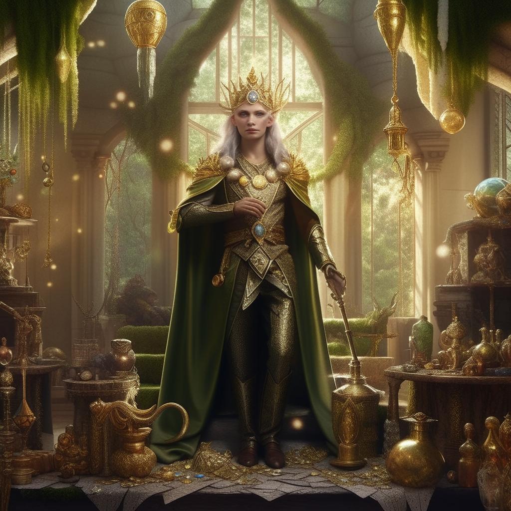 An elf character in luxurious clothing, holding a golden scepter, surrounded by treasures and magical artifacts in an extravagant woodland mansion.