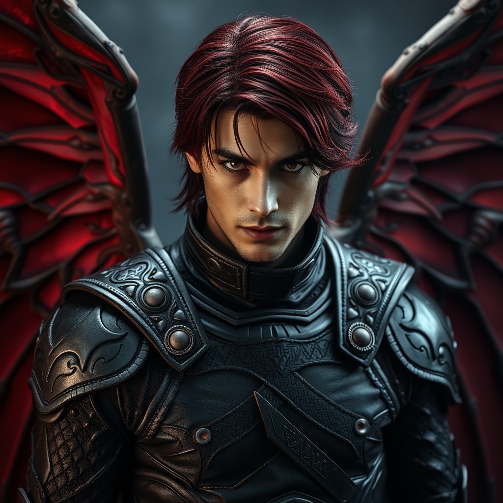 A masculine vampire Hindi man with striking burgundy wings, wearing intricately designed leather armor that hints at both strength and elegance