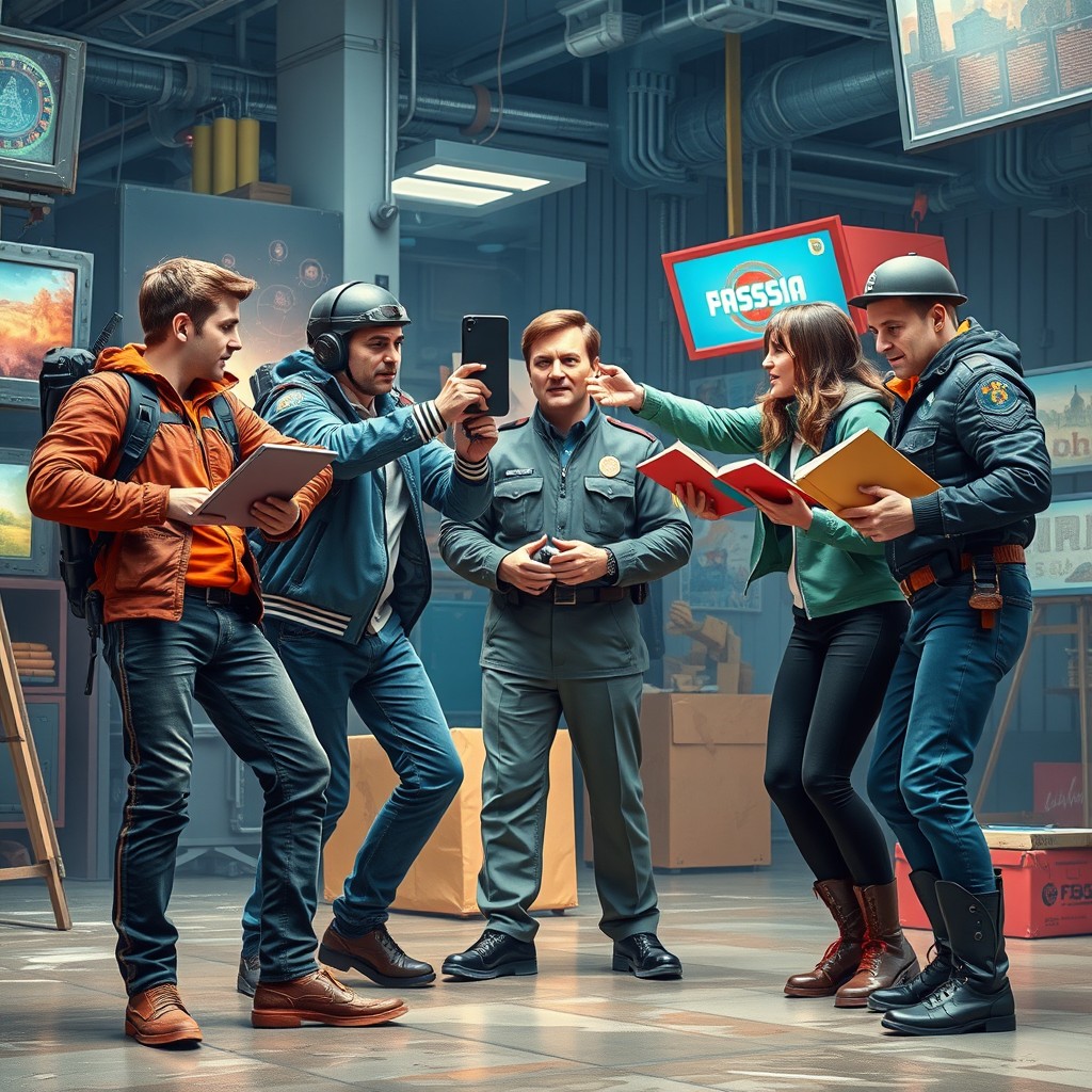 A dynamic scene depicting three tech-savvy men engaged in a friendly yet intense mock battle with two humanities-focused women