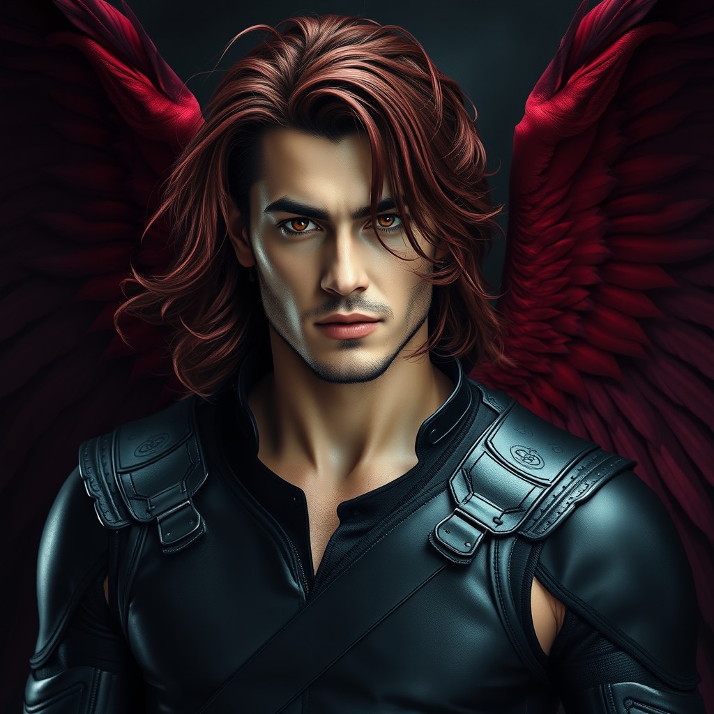 A masculine Hindi vampire man with dark red, longer hair flowing gracefully