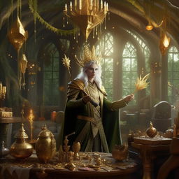 An elf character in luxurious clothing, holding a golden scepter, surrounded by treasures and magical artifacts in an extravagant woodland mansion.