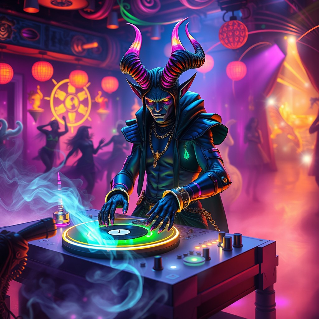 A fantasy scene featuring a charismatic tiefling DJ, with vibrant, colorful horns and glowing skin, immersed in a magical rave atmosphere