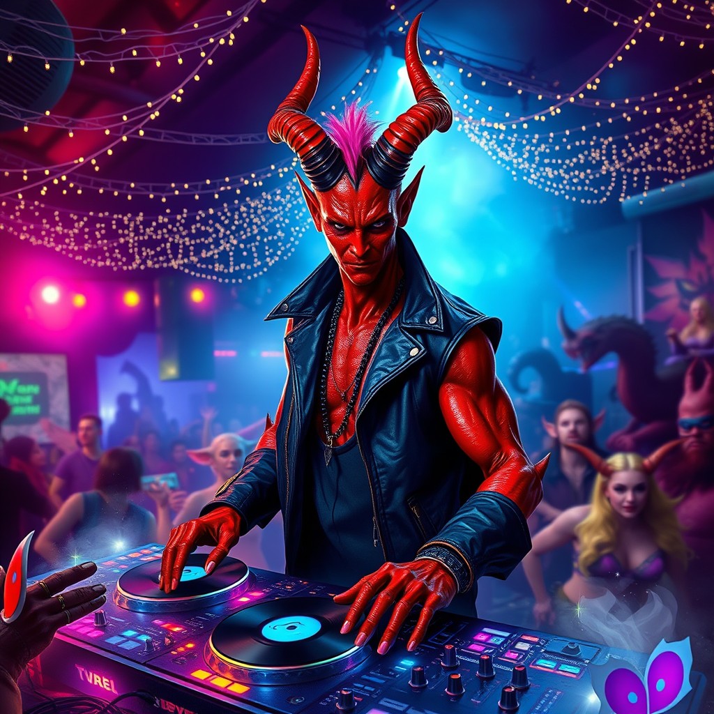 A striking fantasy scene featuring a handsome red tiefling DJ, exuding coolness and charisma as he spins records at a vibrant magical rave