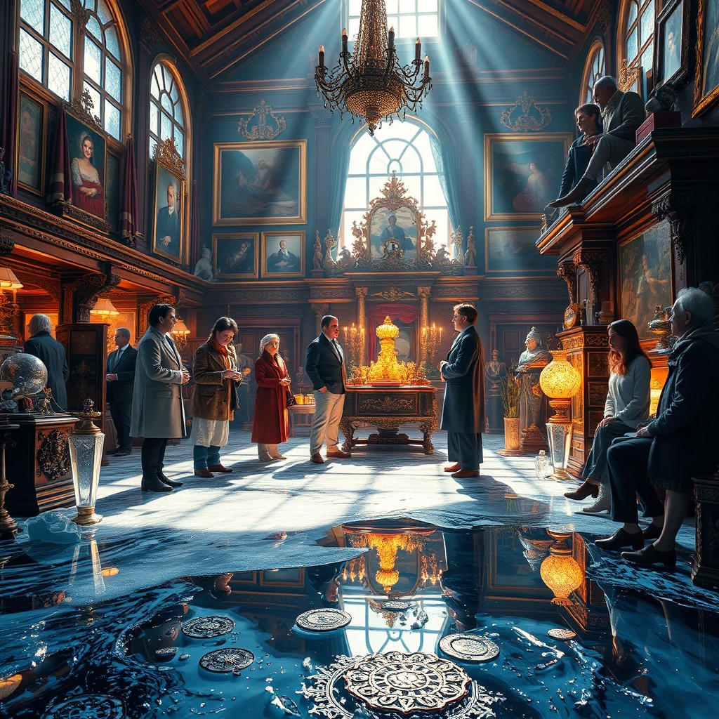 A group of hyper-realistic adults gathered inside a lavish house filled with an array of treasures, artwork, and ornate decorations