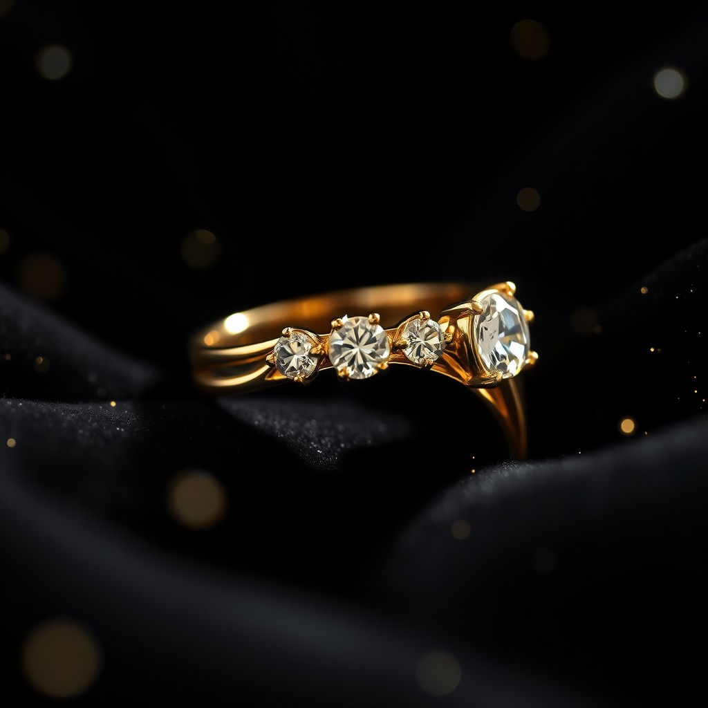 A close-up of an exquisite gold ring adorned with sparkling diamonds, elegantly resting on sumptuous black velvet