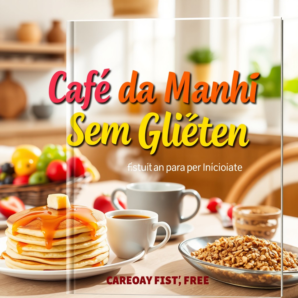 A visually appealing book cover for 'Café da Manhã Sem Glúten: Guia Essencial para Iniciantes', featuring a bright and inviting breakfast scene