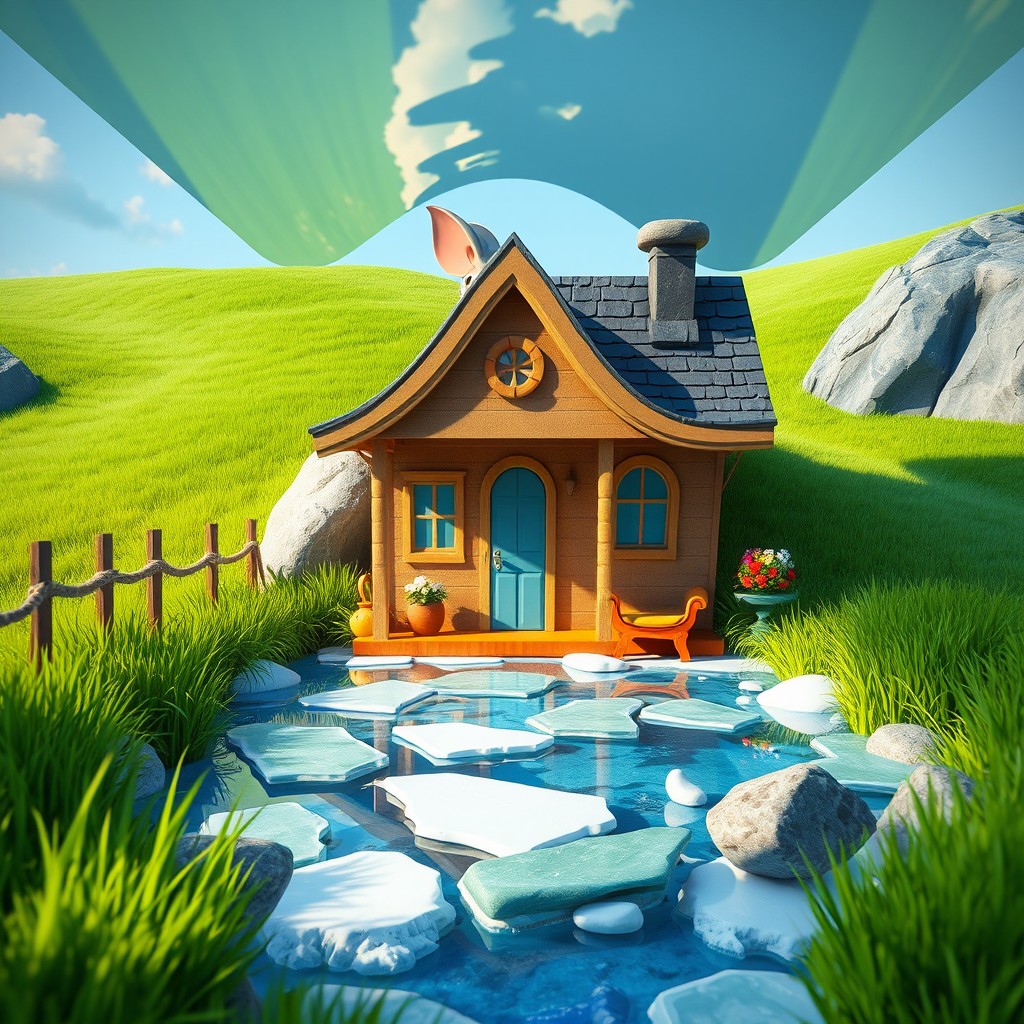 An ultra-realistic depiction of the iconic Tom and Jerry house, nestled in a vibrant green landscape with lush grass all around