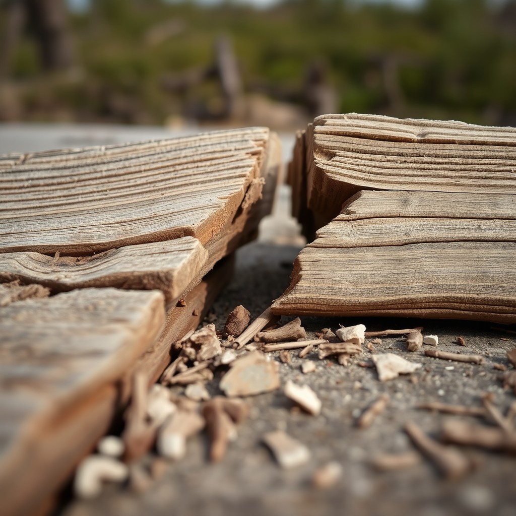 A close-up view of broken wooden planks split in half, showcasing the intricate textures of the wood grain and the jagged edges where the break has occurred