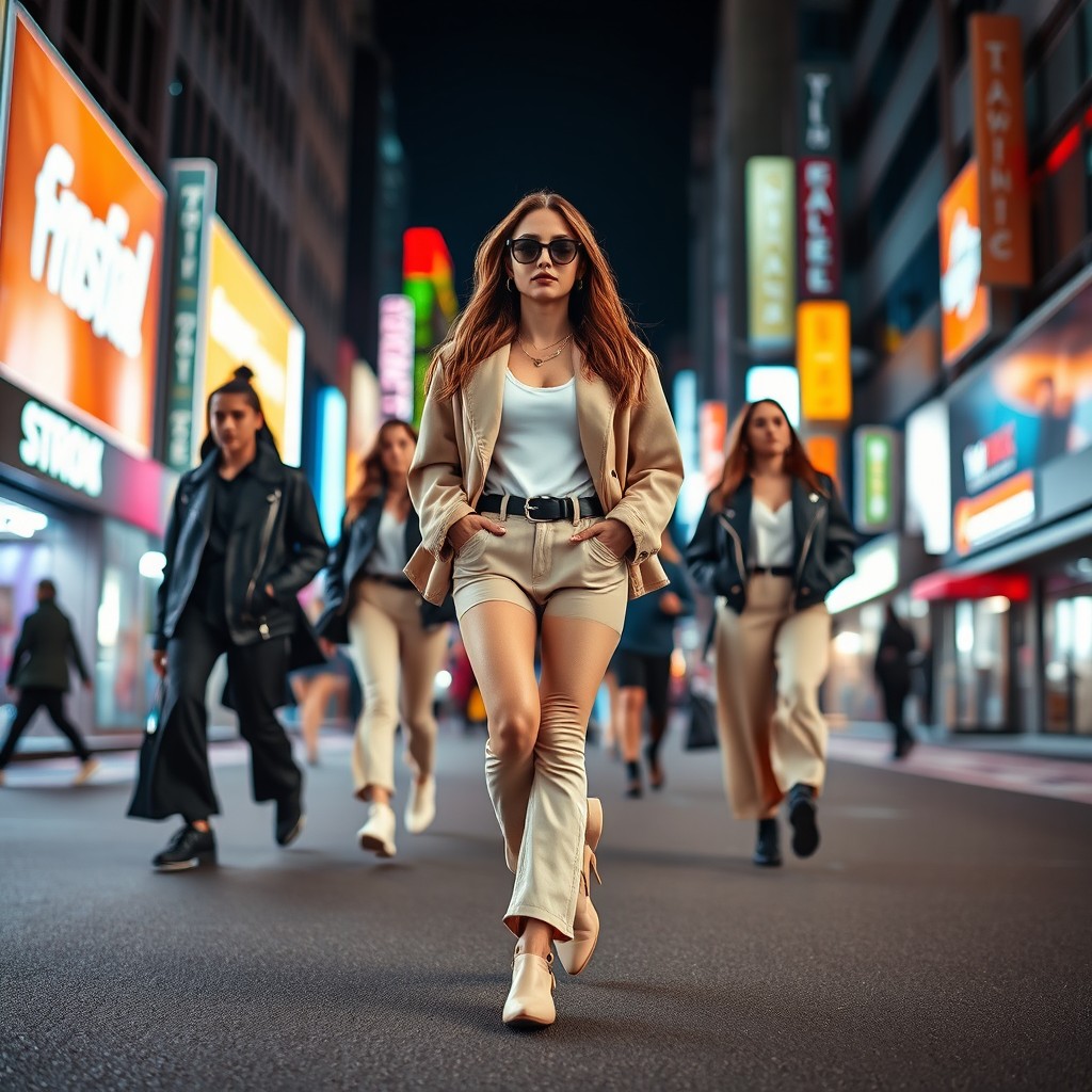 A stylish young woman walking confidently through a vibrant modern city filled with neon lights and an urban background