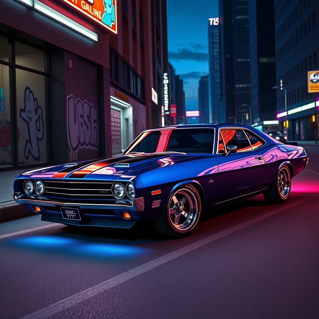A striking representation of the Declasse Vigero VL1 from GTA Online, featuring its distinct muscle car design that emphasizes power and style