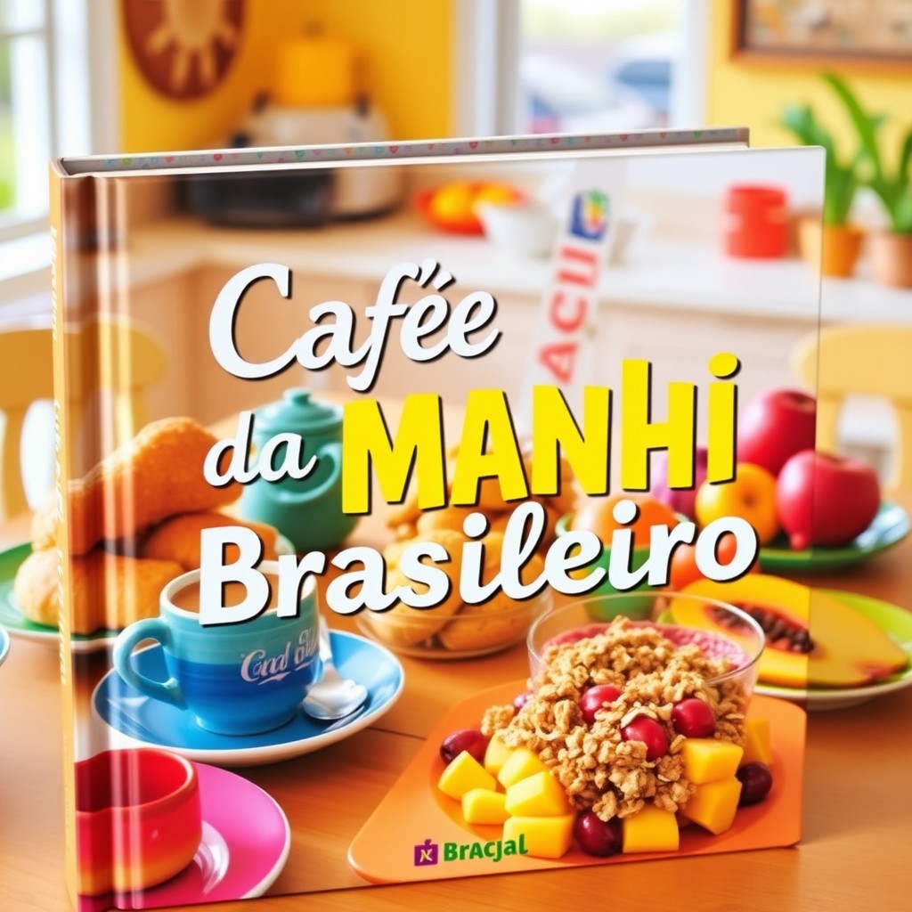 A vibrant book cover for 'Café da Manhã Brasileiro', depicting a delightful Brazilian breakfast spread