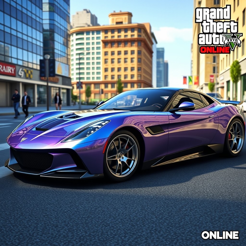 A sleek and stylish 2013 Declasse Vigero VL1 sports car from Grand Theft Auto Online, featuring a modern design with streamlined curves and a vibrant paint job