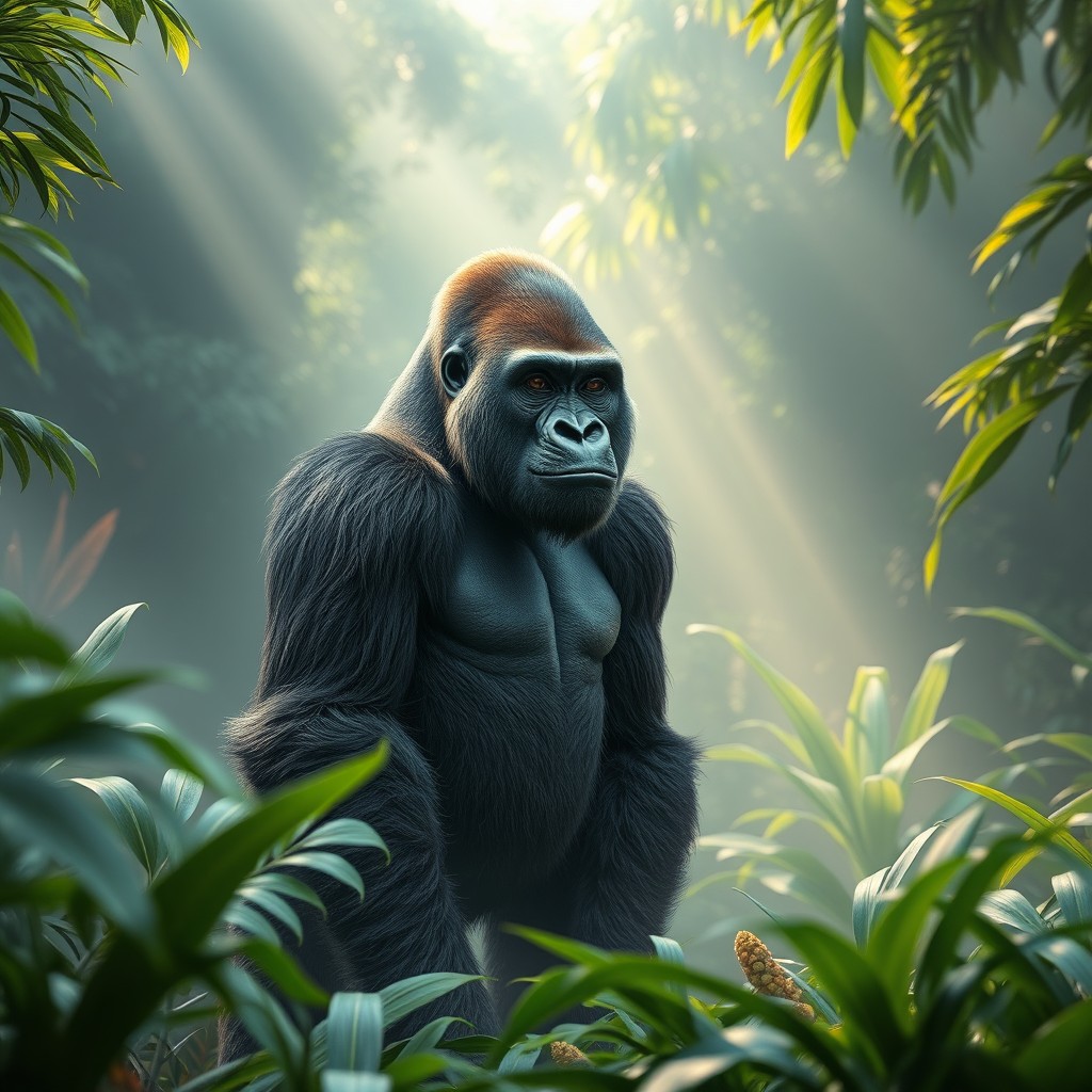 A realistic gorilla standing in a lush jungle environment, surrounded by vibrant green foliage and exotic plants