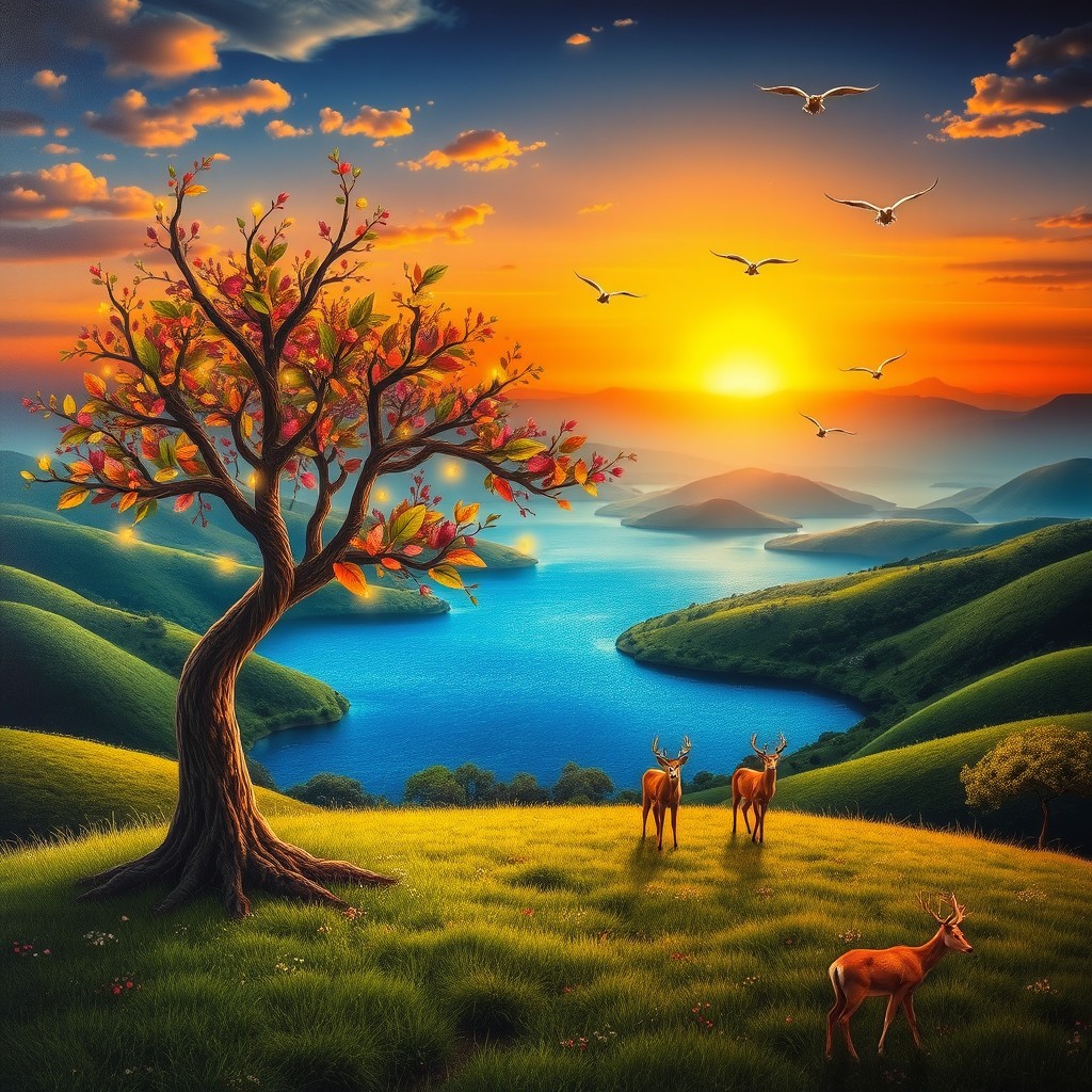 An elegant and artistic representation of a surrealistic landscape, featuring lush green hills, a sparkling blue lake, and a vibrant sunset casting warm golden hues across the sky