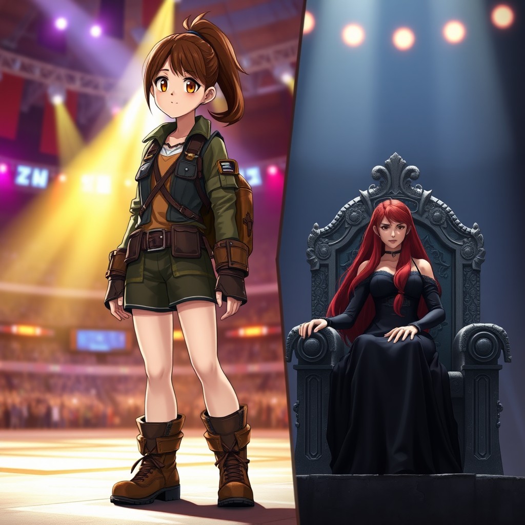 In a vibrant arena filled with dazzling lights, a young adventurer named Lin is standing confidently