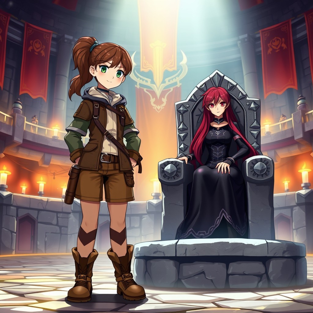 A young adventurer named Lin, with brown hair tied in a ponytail, dressed in adventure attire featuring a sturdy jacket and rugged boots, standing confidently in a brightly lit arena