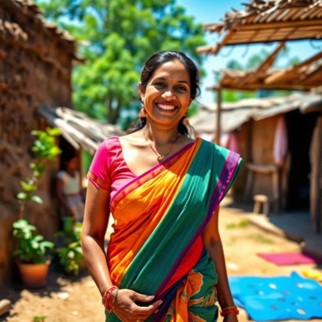 A village woman with traditional attire, standing in a rustic village setting