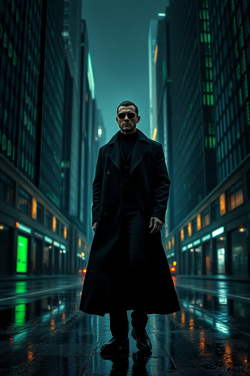 A futuristic scene inspired by the Matrix, featuring a lone man dressed in a long black trench coat and sleek sunglasses