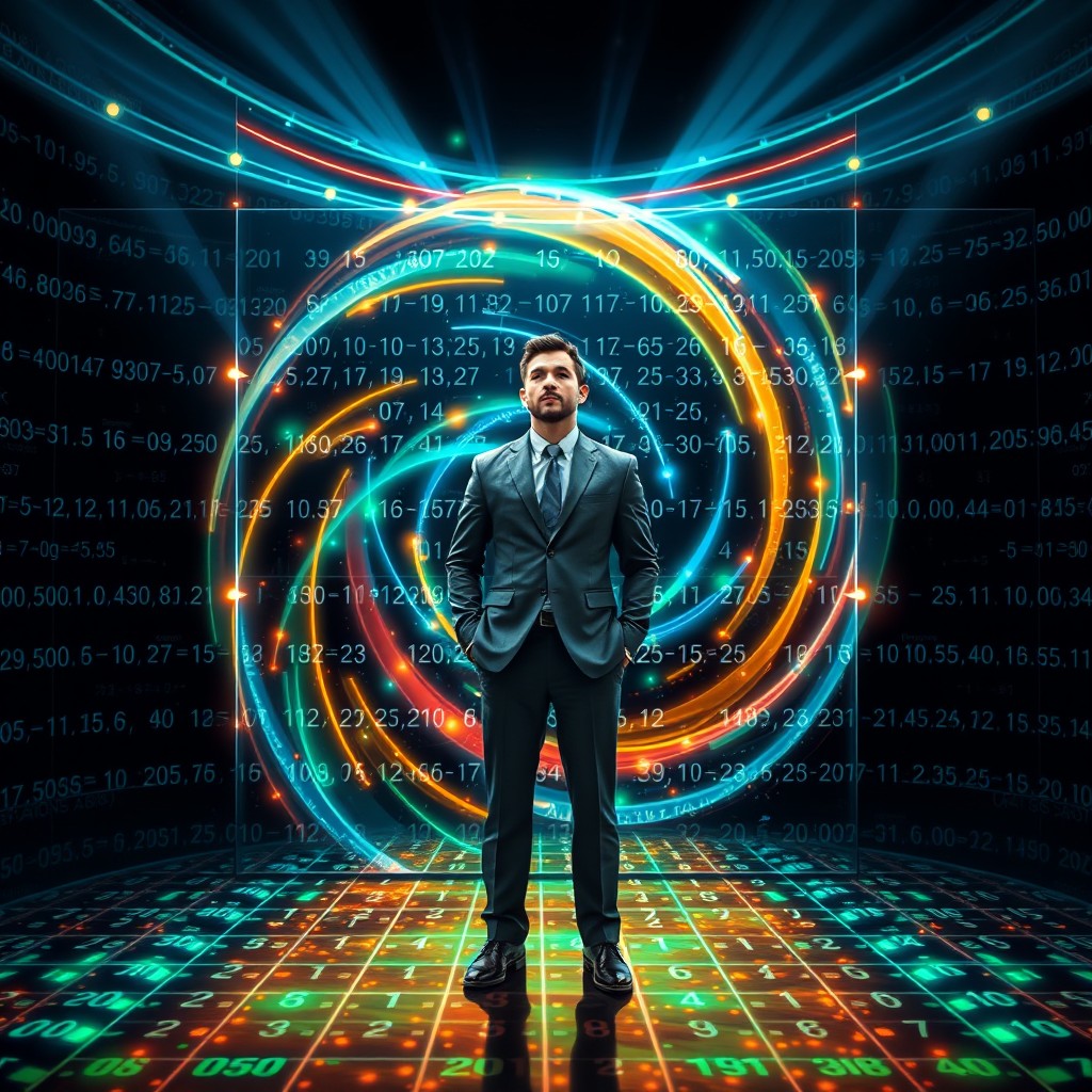 A visually striking representation of a probability matrix, featuring a lone man standing at the center