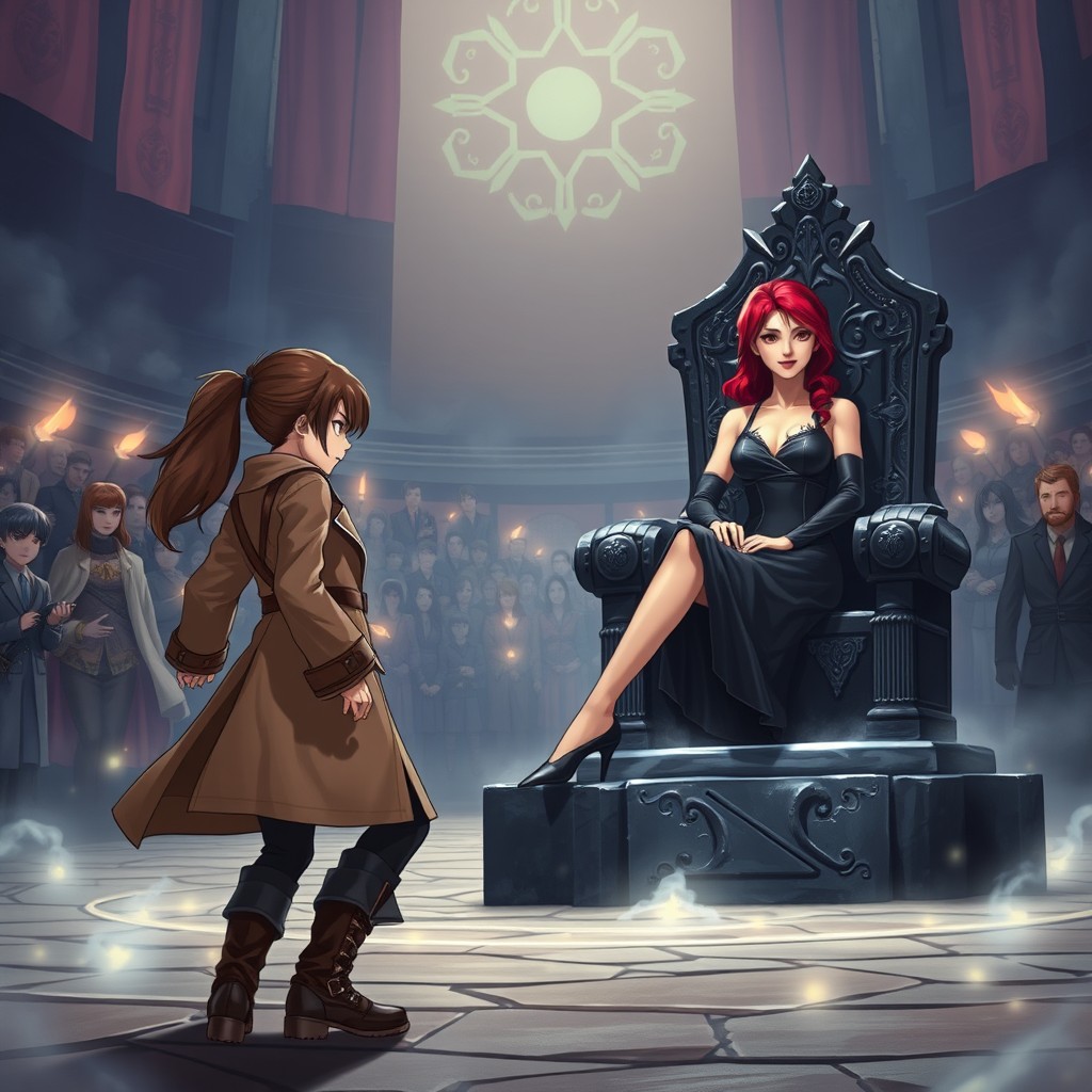 An epic confrontation scene in a mystical arena
