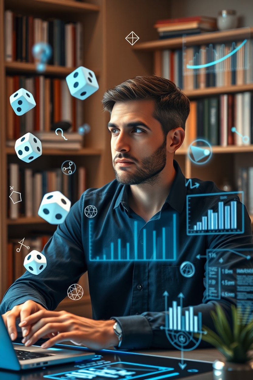 A conceptual representation of probability, featuring a thoughtful man analyzing data on a digital interface