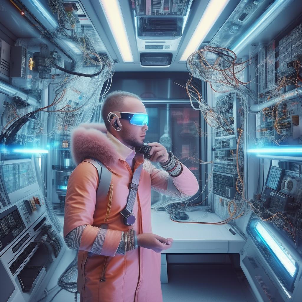 A technologically advanced man from the future, dressed in futuristic attire and surrounded by high-tech gadgets